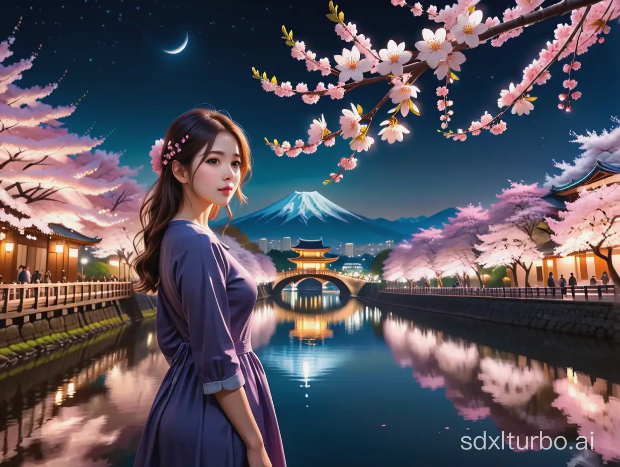 A wide aspect ratio masterpiece, high-quality, ultra-detailed, realistic image of cherry blossoms at night, beautifully illuminated in 16K HD HDR style. The scene is a zoomed-out view showcasing a broader perspective of the cherry blossoms in their natural setting, highlighted by their radiant illumination. In this enchanting environment, add a beautiful woman gazing at the viewer, integrating her seamlessly into the scene, enhancing the harmonious and captivating view of natural beauty.
