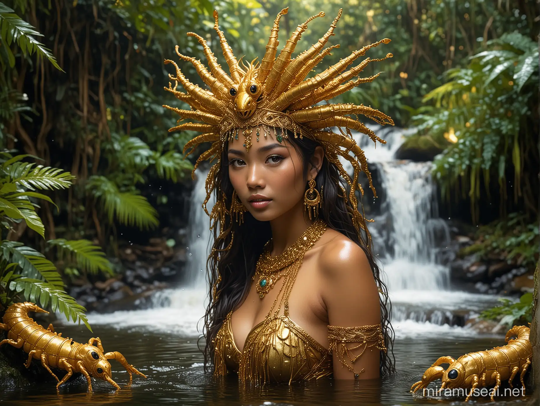 Golden Filipino Water Nymph Amidst Lush Waterfall Oasis
