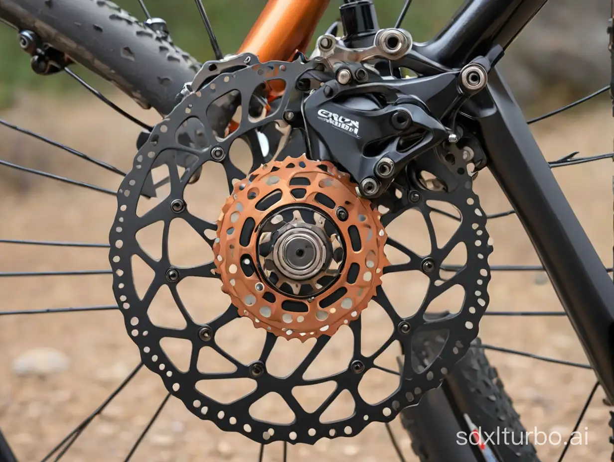 copper-colored mountain bike brake disc, black caliper