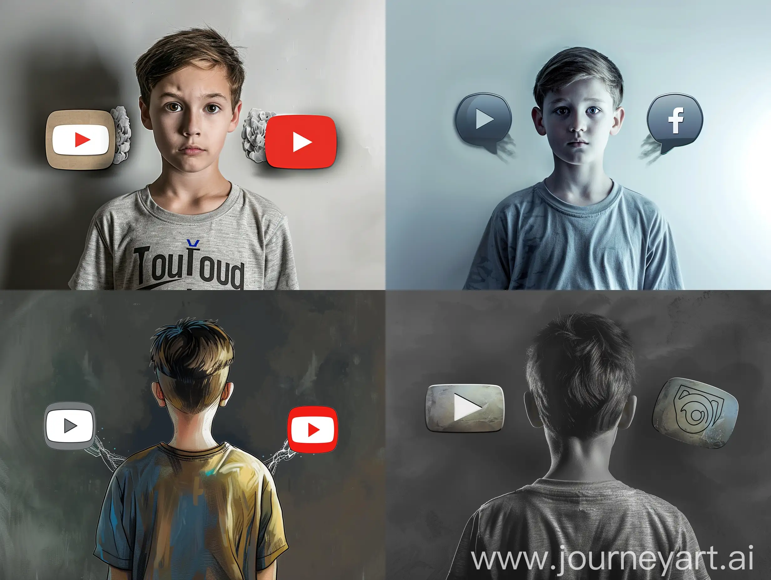 create a youtube logo where A boy looks straight in front and two logos coming out of his back