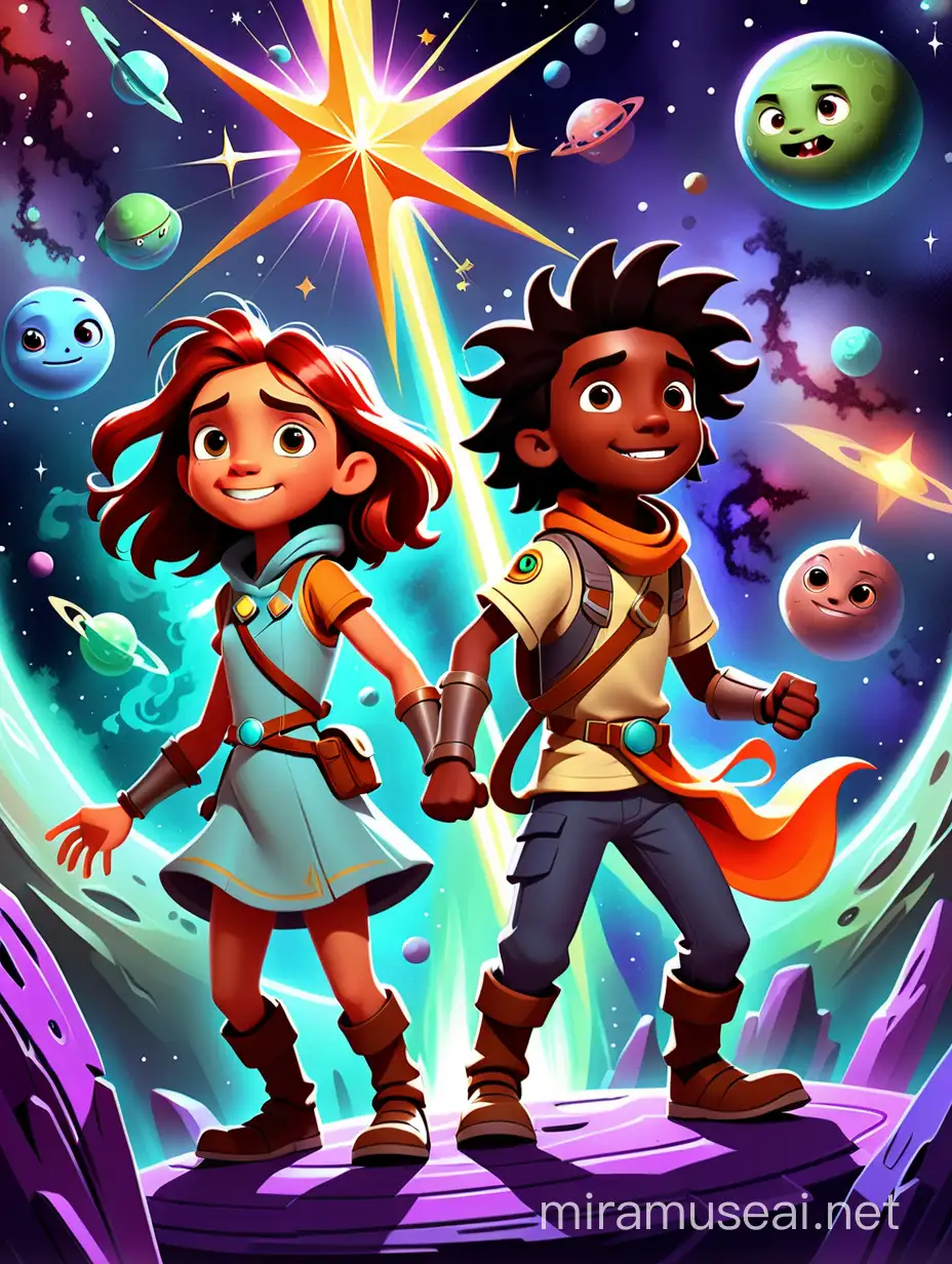 Join Milly and Milton, two brave children from different worlds, as they unite to defeat the star monsters threatening their magical galaxy. With animated fun and soft colors, this captivating children's book cover promises an enchanting adventure of friendship, bravery, and saving the cosmos.