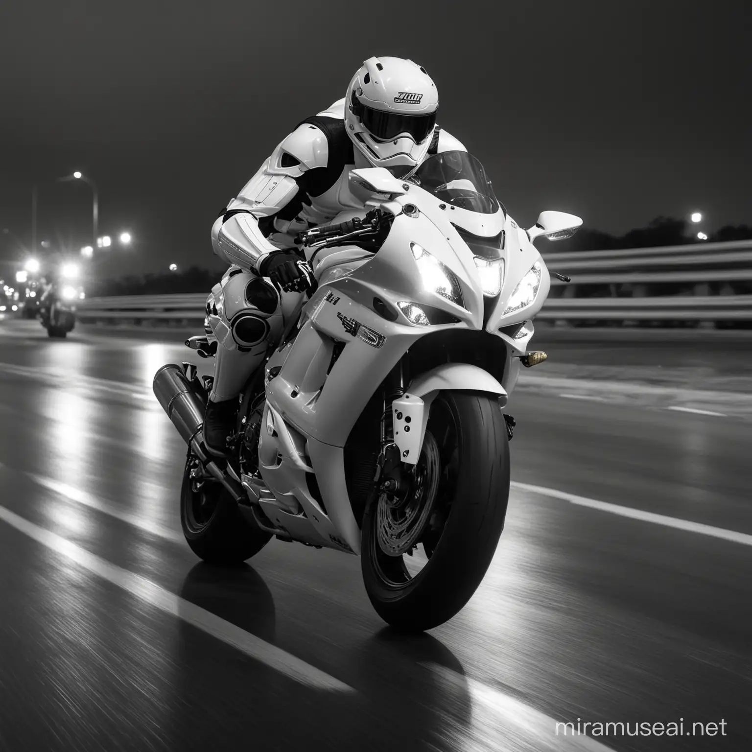 One Storm Trooper doing a wheelie on a white Suzuki Hayabusa while going very fast on an empty highway at night, close-up point of view, front of wheel of the bike elevated from the ground, photo completely in black and white, dramatic style, blurred background, biker in full Storm Trooper armor, bike doing 200 mph, no colors, 1/10s shutter speed
