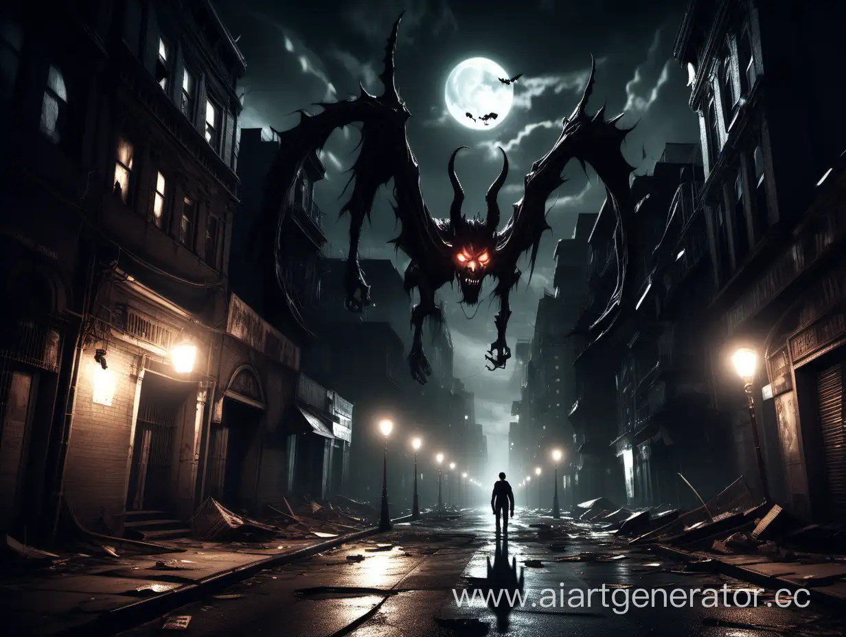 Как выглядела бы игра если бы в ней были демоны, ночной разрушенный город, главный герой идет по улице с источником света