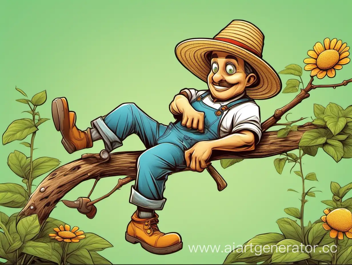 Cartoon-Gardener-Relaxing-on-Tree-Branch-with-Dangling-Leg