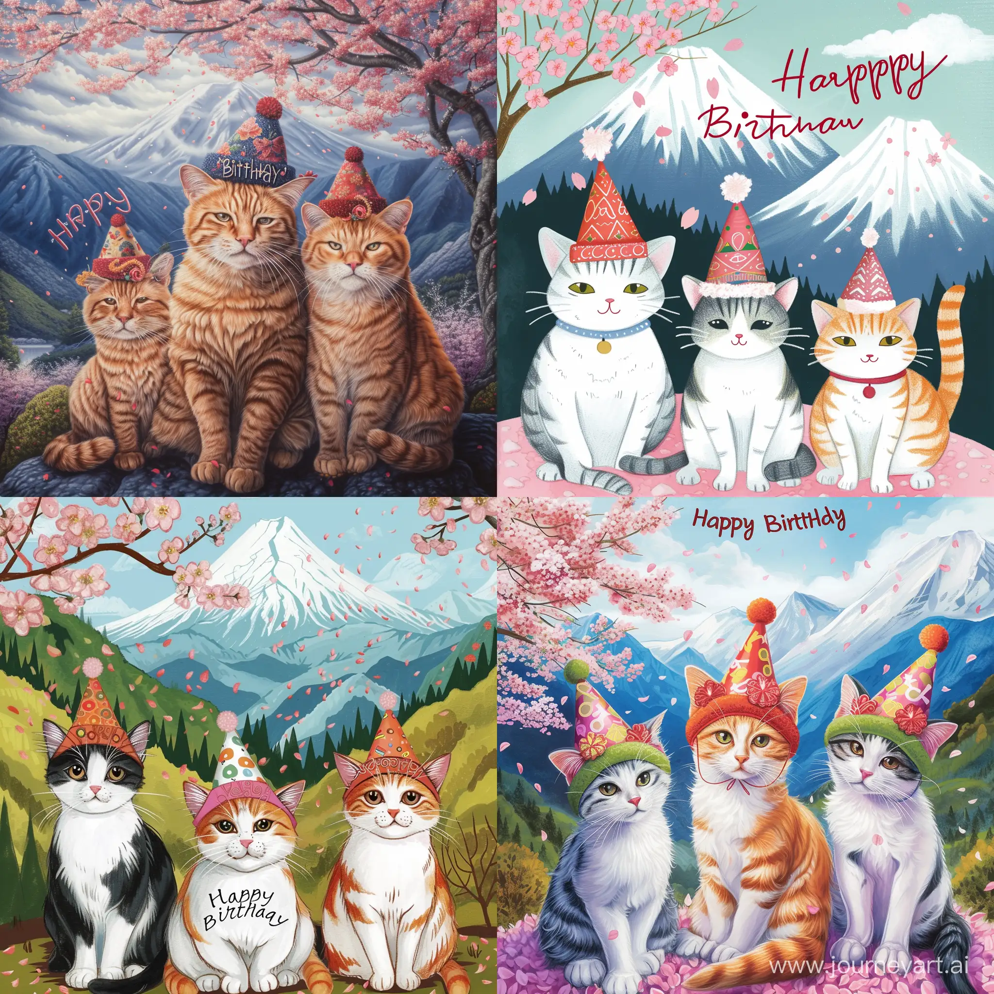 Three-Cats-Celebrating-Birthday-Amid-Cherry-Blossoms-in-Japanese-Mountains