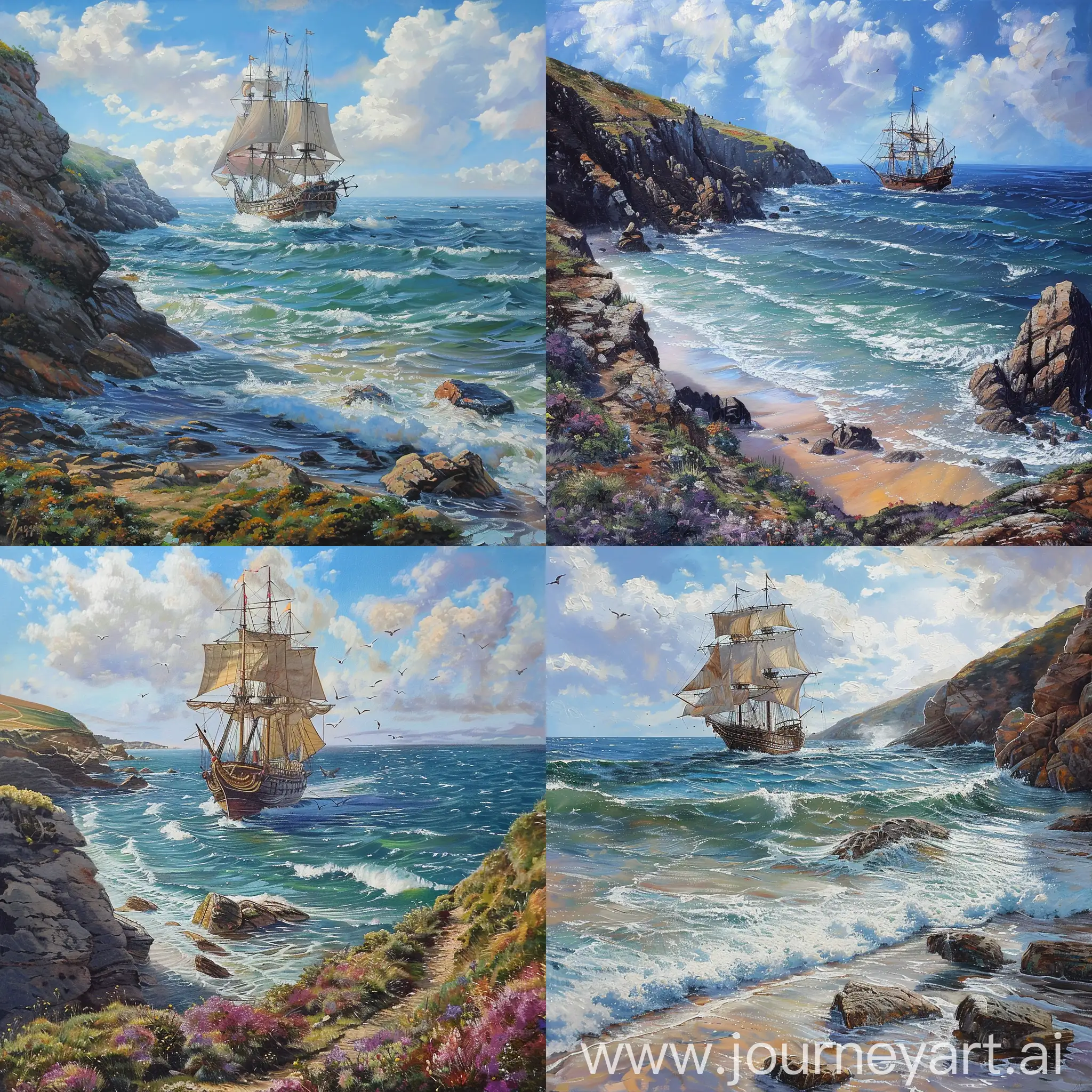 /imagine an oil painting of a galleon on the sea off the coast of cornwall, on a sunny day