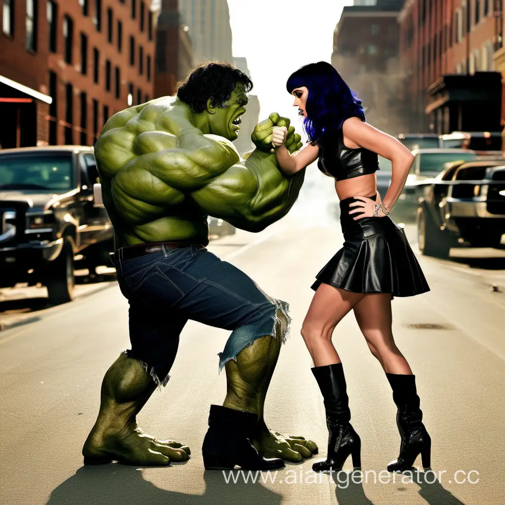 katy perry in leather mini skirt & boots arm wrestles vs Hulk in street at night with buildings on fire 
