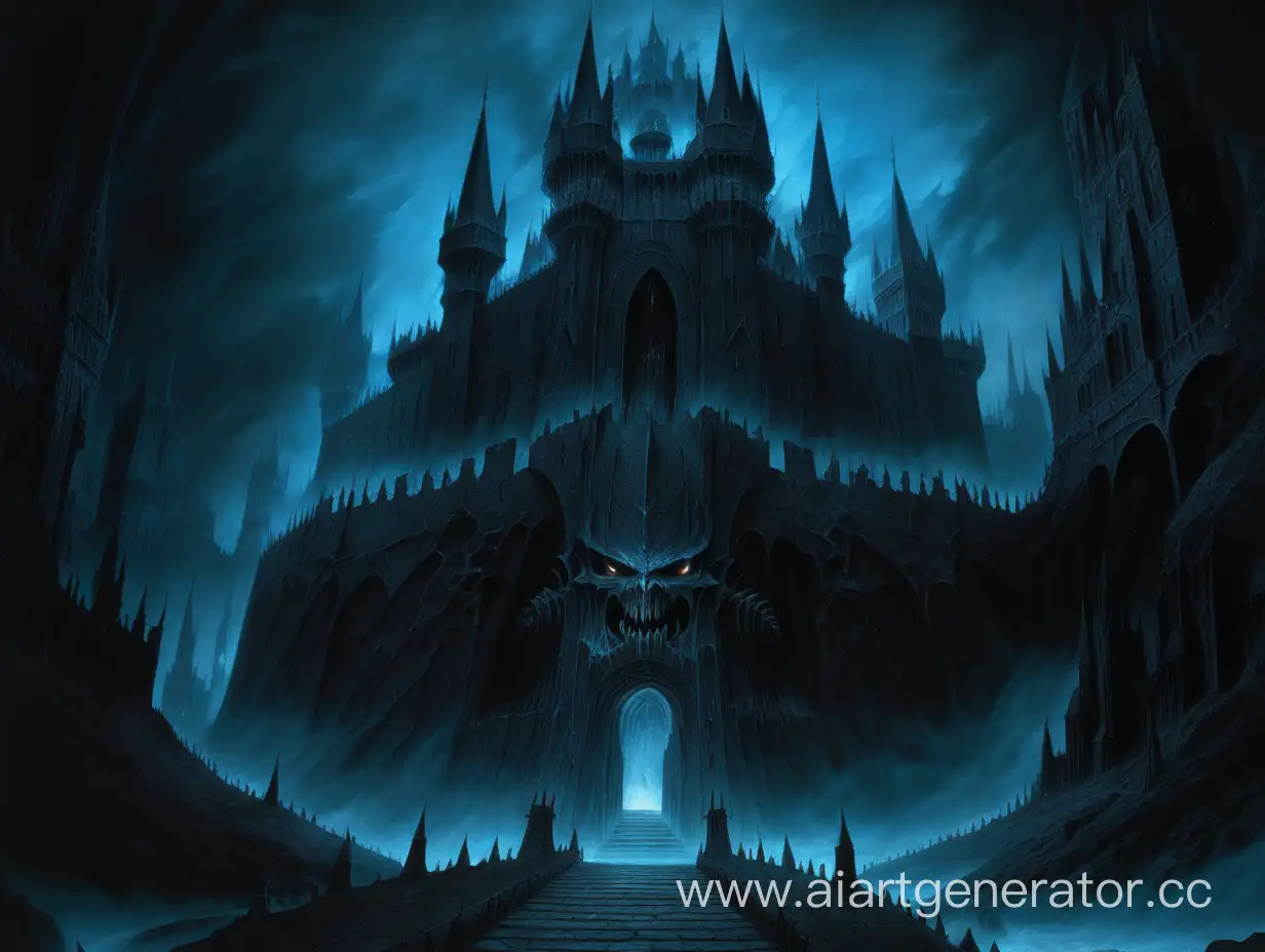 Eerie-Demonic-Fortress-Amidst-Abyss-with-Striking-BlackBlue-Contrast