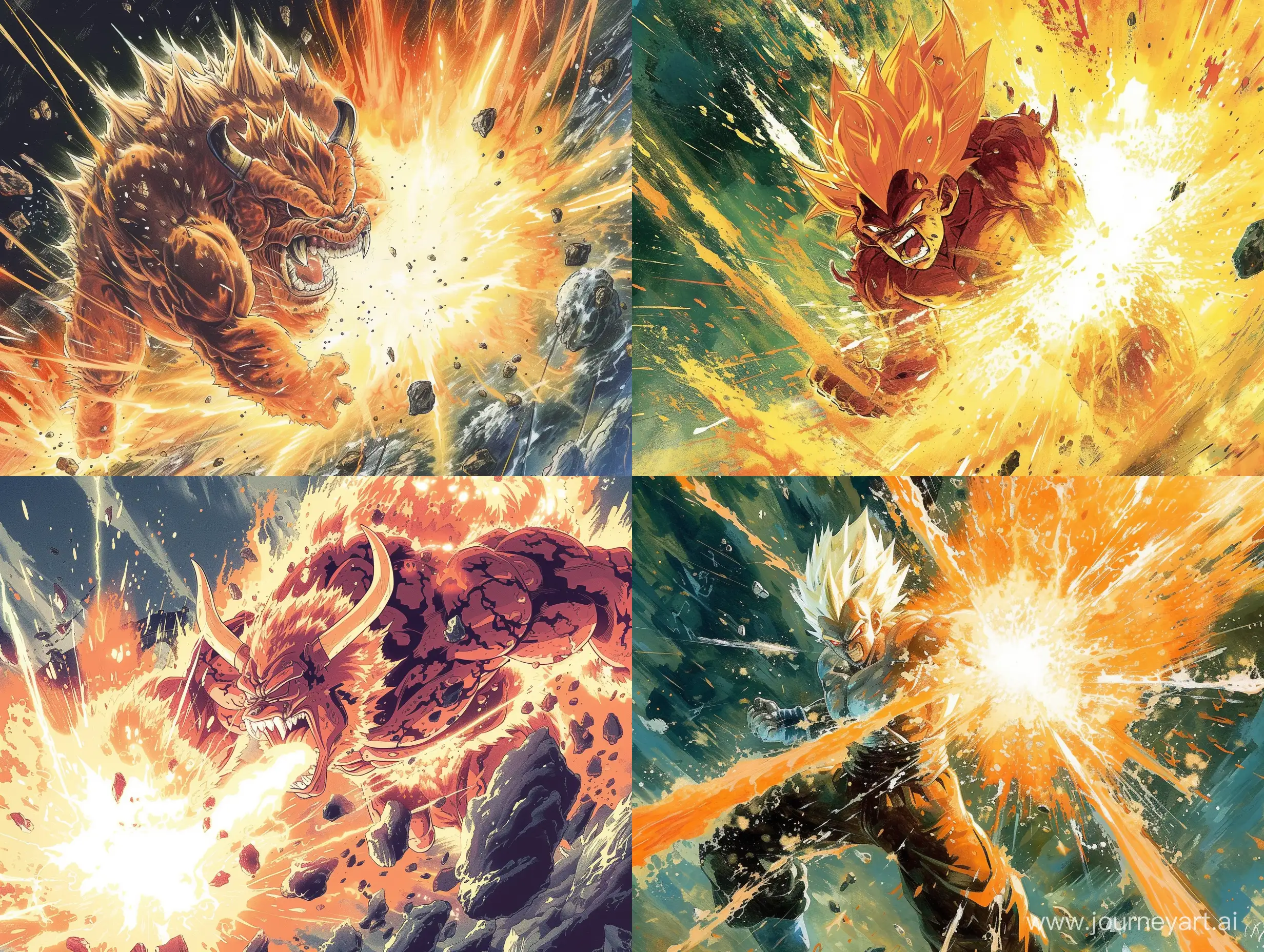 In the distinct and energetic Toriyama style, emblematic of Dragon Ball Z, the illustration showcases a formidable demon unleashing a ki blast. The environment around the demon bristles with the kinetic energy of the attack, rendered in the explosive color contrasts and dramatic shading characteristic of Toriyama's legendary design.