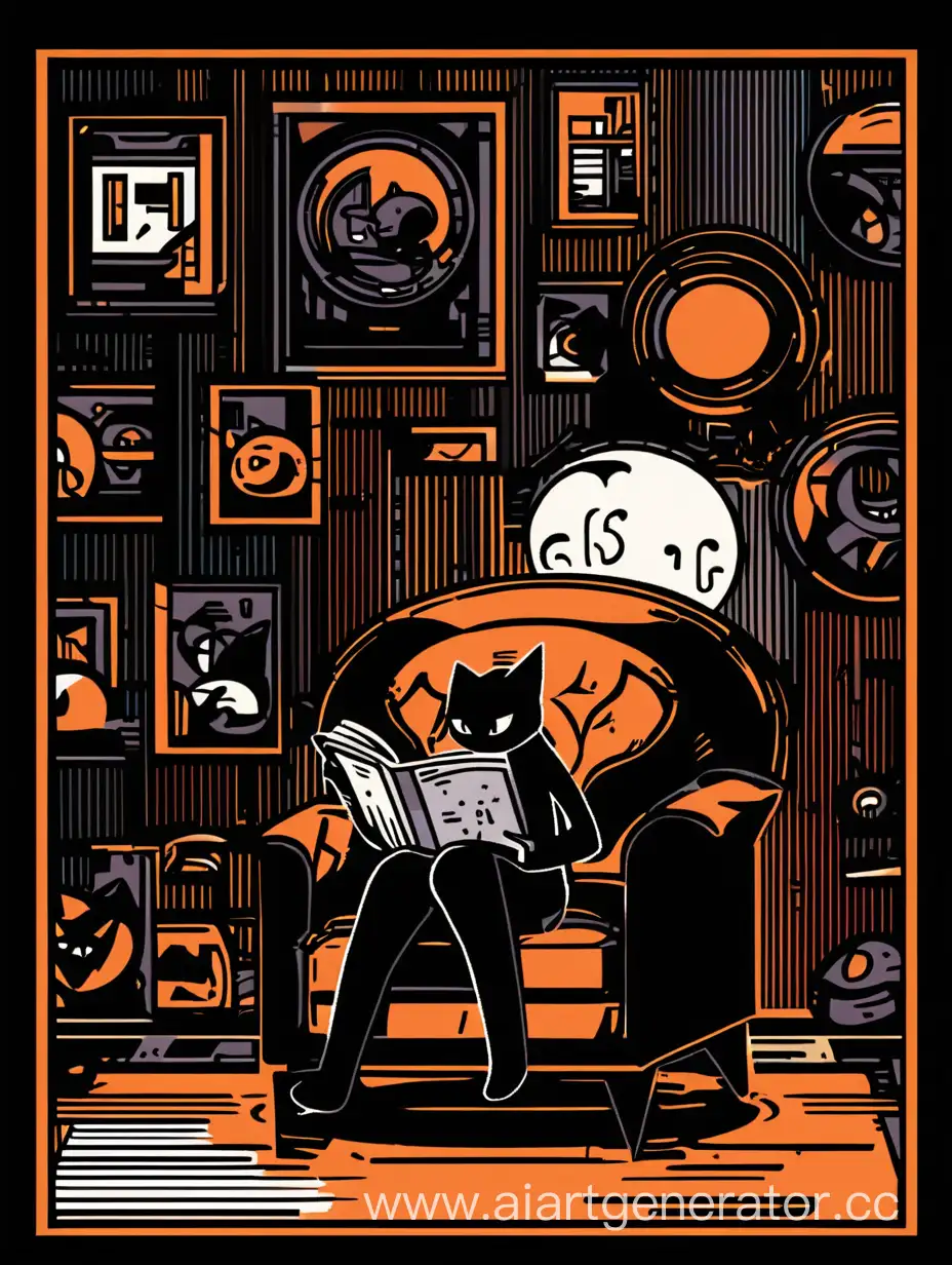 Нарисуй черного кота в графическом стиле, сидящего в кресле и читающего книгу