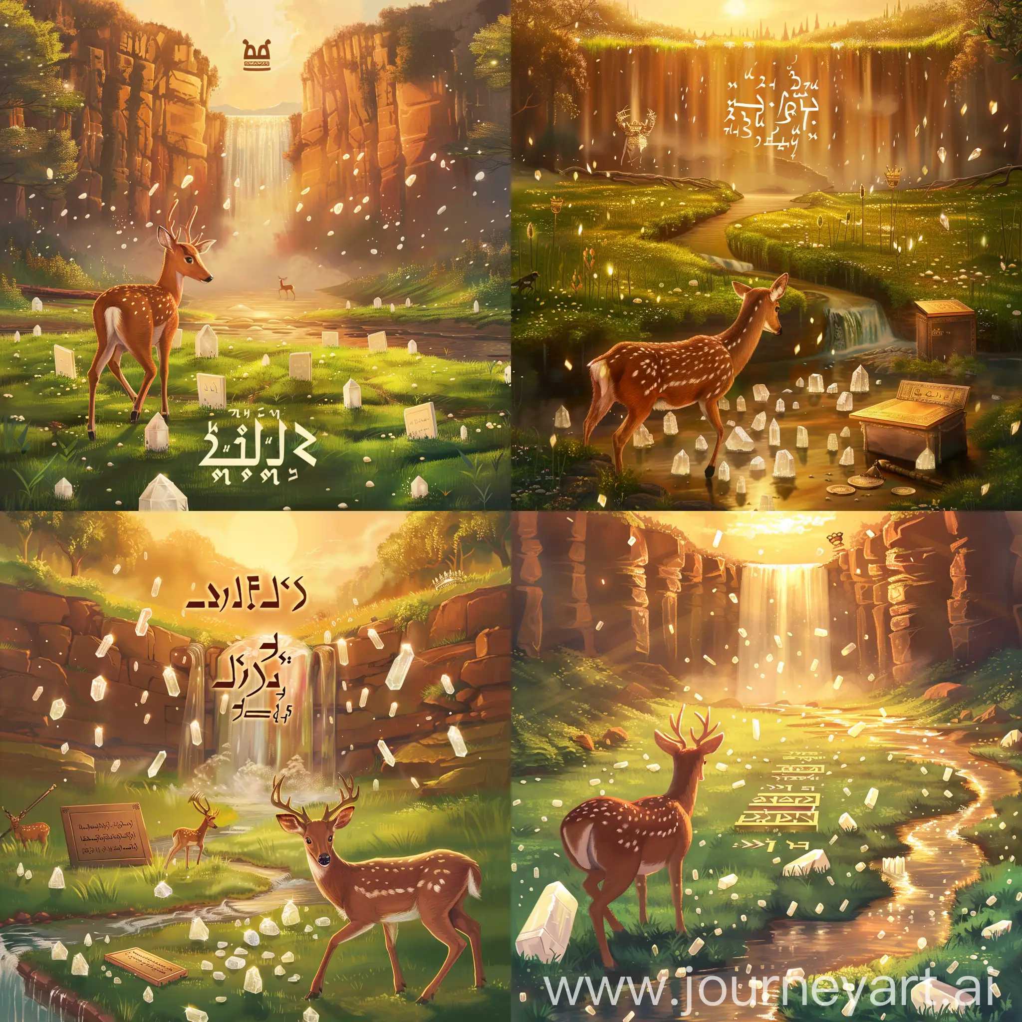 Create a vibrant and mystical wallpaper featuring the name 'משה צבי' in elegant Torah script in Hebrew at the center. The setting is a serene landscape with a river or waterfall, symbolizing Moshe, and lush green grass with white crystal-like pieces scattered throughout, representing manna. A deer, symbolizing 'צבי', looks back as it walks across the grass. Include the Tablets of Moses, subtly integrating a crown and Moses's staff if aesthetically pleasing. The scene is bathed in golden hour lighting, enhancing the mystical and divine atmosphere. The composition balances these elements harmoniously, capturing the essence of Moshe Tzvi's heritage and spiritual symbolism."  This approach aims to fulfill all aspects of your request while ensuring the image is beautifully composed and meaningful.