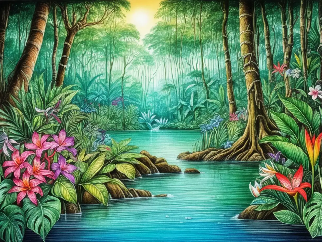 Vividly Colored Amazon Forest Scene with Water and Flowers