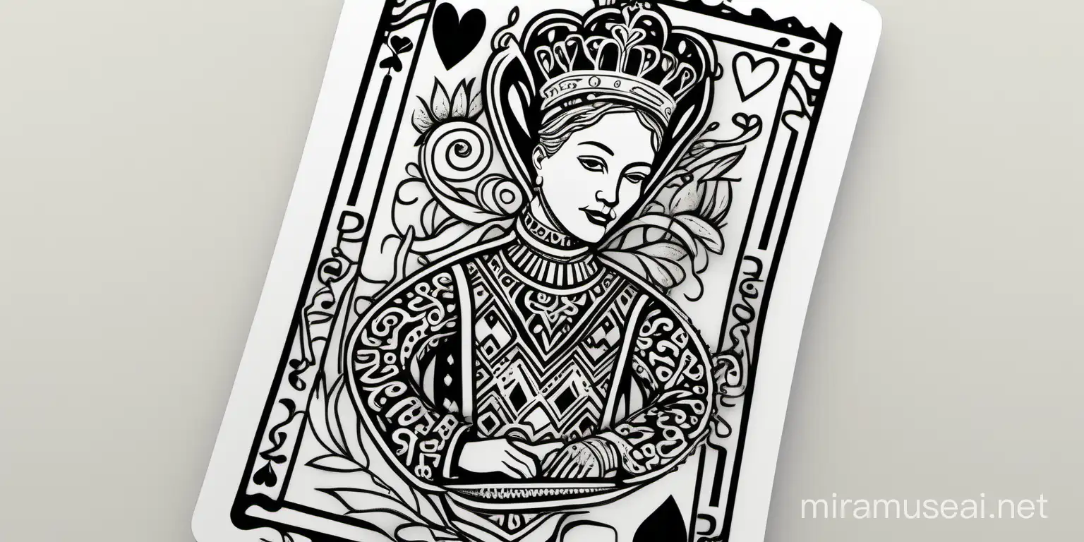 Create a minimalist black and white drawing of the Queen of Hearts playing card. The queen should be depicted with a modern twist, dressed in a traditional Ukrainian Vyshyvanka. The intricate patterns of the Vyshyvanka should be suggested with minimal lines to keep the drawing simple and elegant. In one hand, the queen holds a single strand of wheat, adding a symbolic touch that connects to Ukrainian culture and heritage. The image should exude a sense of regal grace and cultural pride, all while maintaining a sleek, minimalist aesthetic