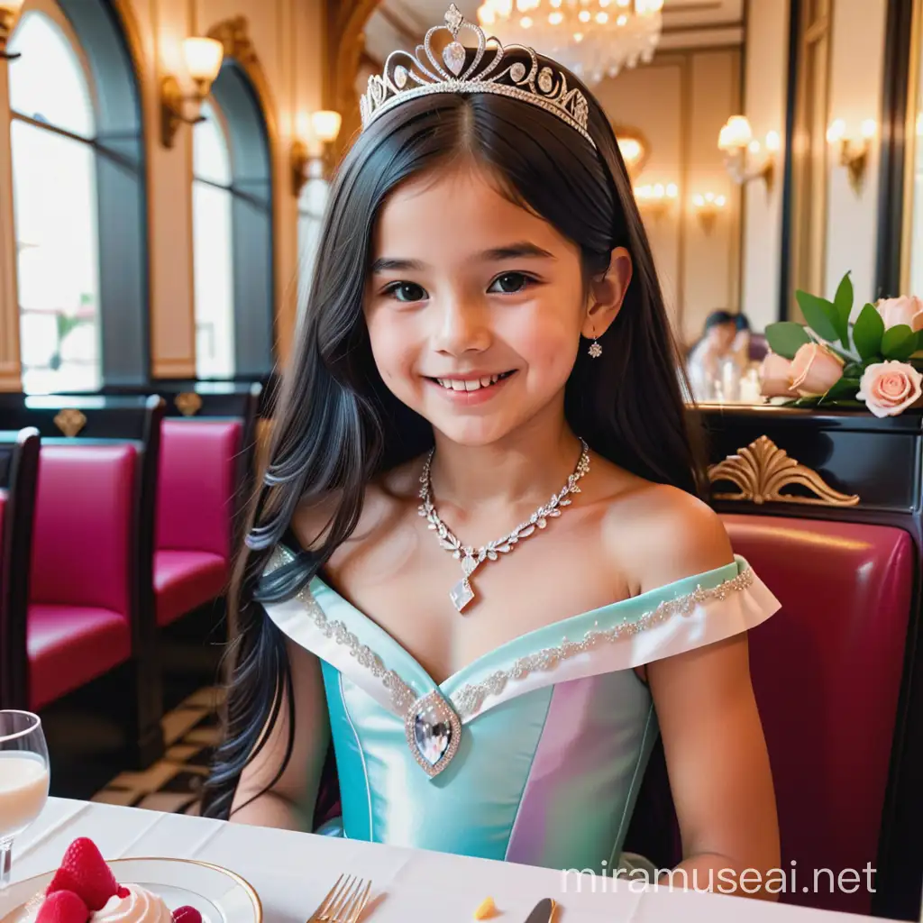 Elegant Teen Girl in Diamond Tiara and Evening Dress Enjoying Dessert at Fine Dining Restaurant