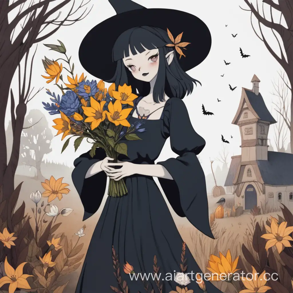 Девушка ведьма держит цветы