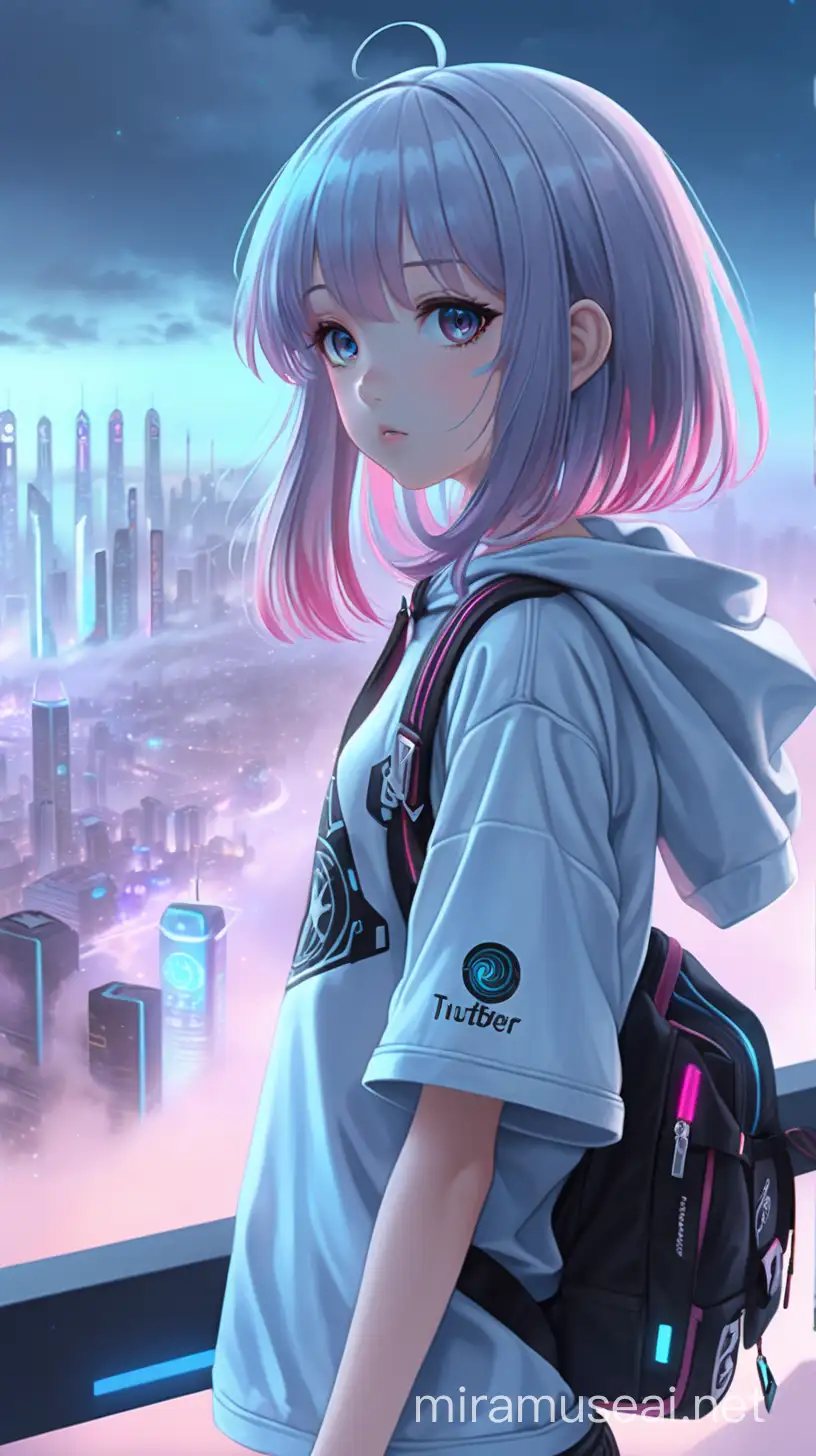 Anime Vtuber Girl with Colorful Hair and Shorts in Futuristic City