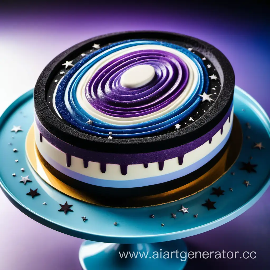 овальный десерт со слоями из коржа, белого крема посередине, сверху глянцевая поверхность с изображением космоса в фиолетовом, черном и голубом цветах