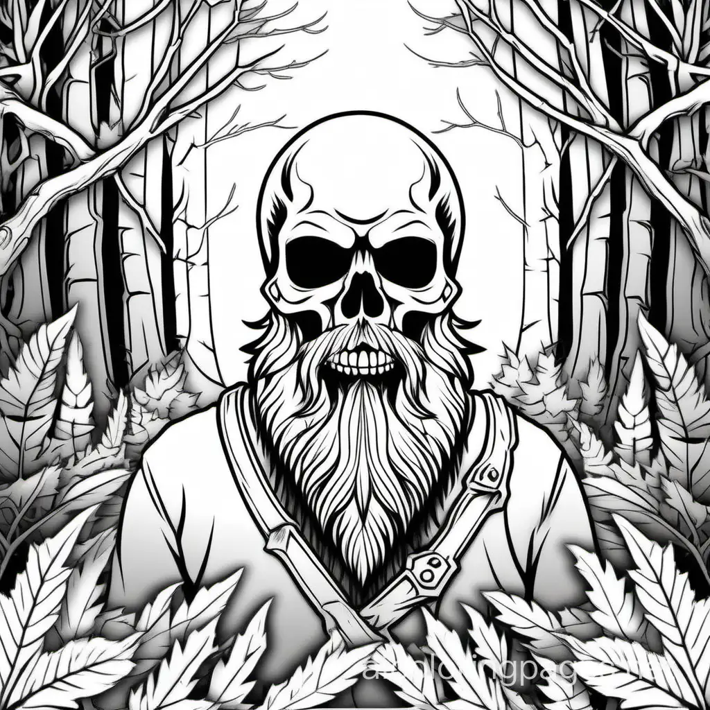 skull with a beard in the woods, Coloring Page, black and white, line art, white background, Simplicity, Ample White Space. The background of the coloring page is plain white to make it easy for young children to color within the lines. The outlines of all the subjects are easy to distinguish, making it simple for kids to color without too much difficulty