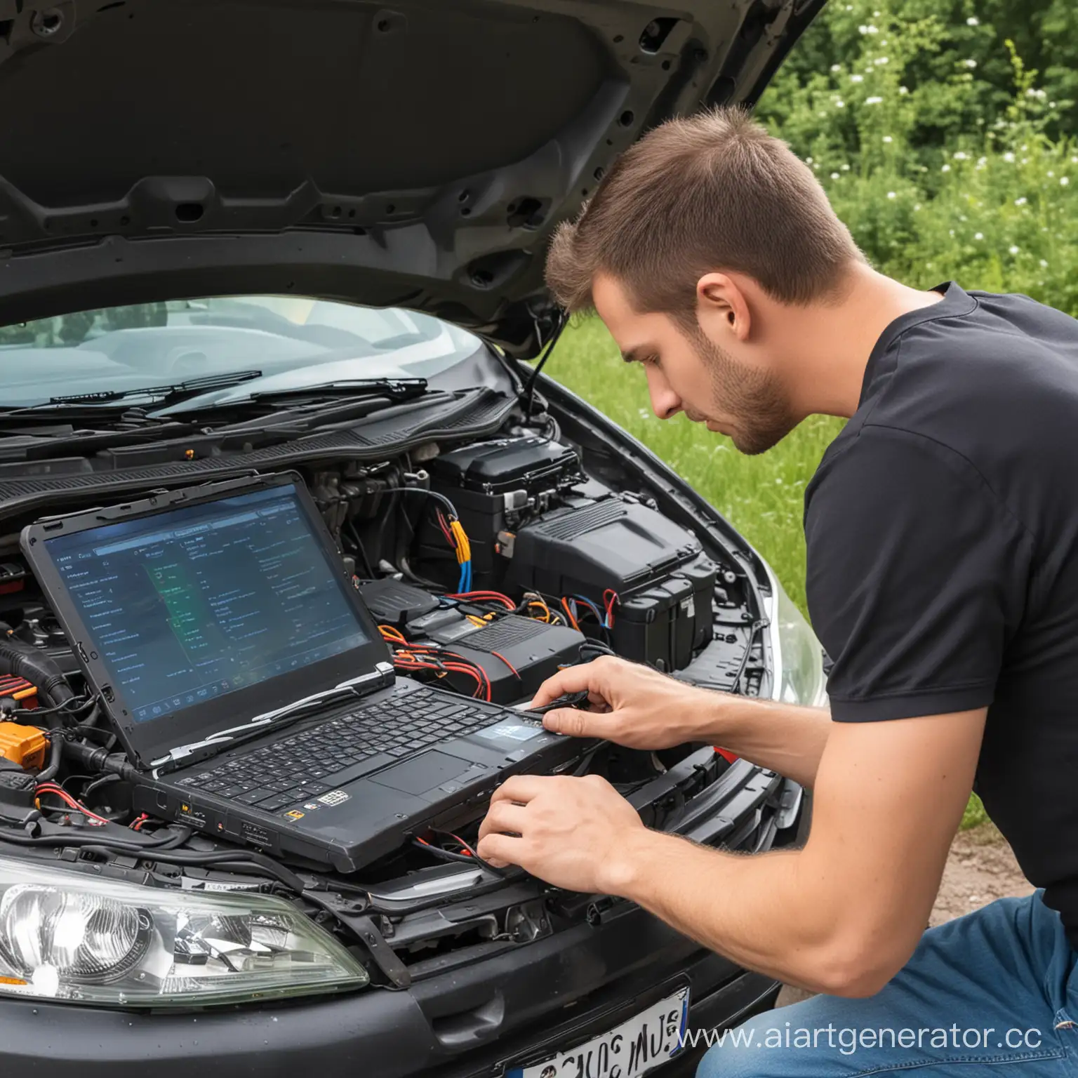 Auto-Electrician-Performing-Car-Computer-Diagnostics-with-Summer-Setting