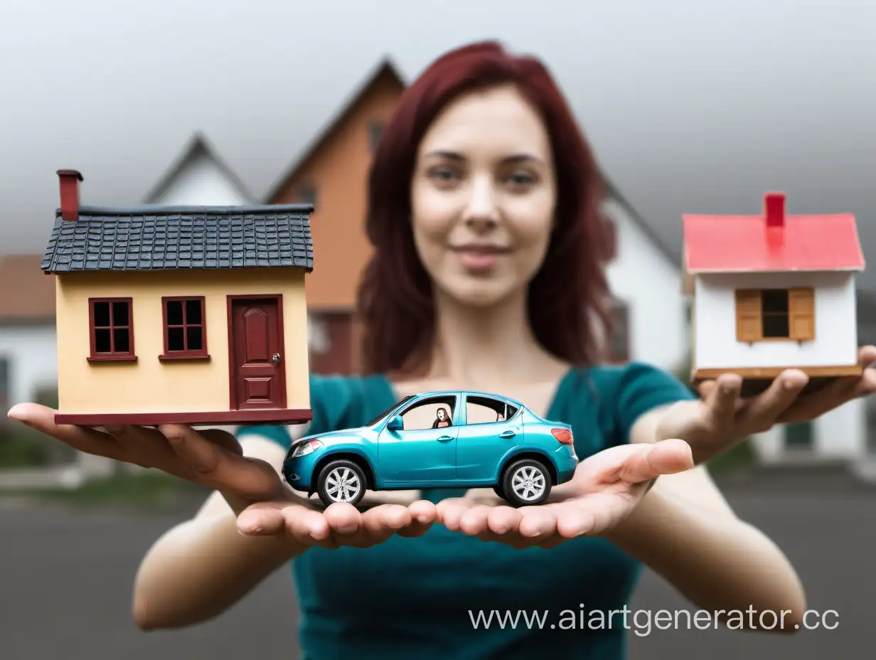 Woman-Holding-Libre-with-Small-Car-and-House