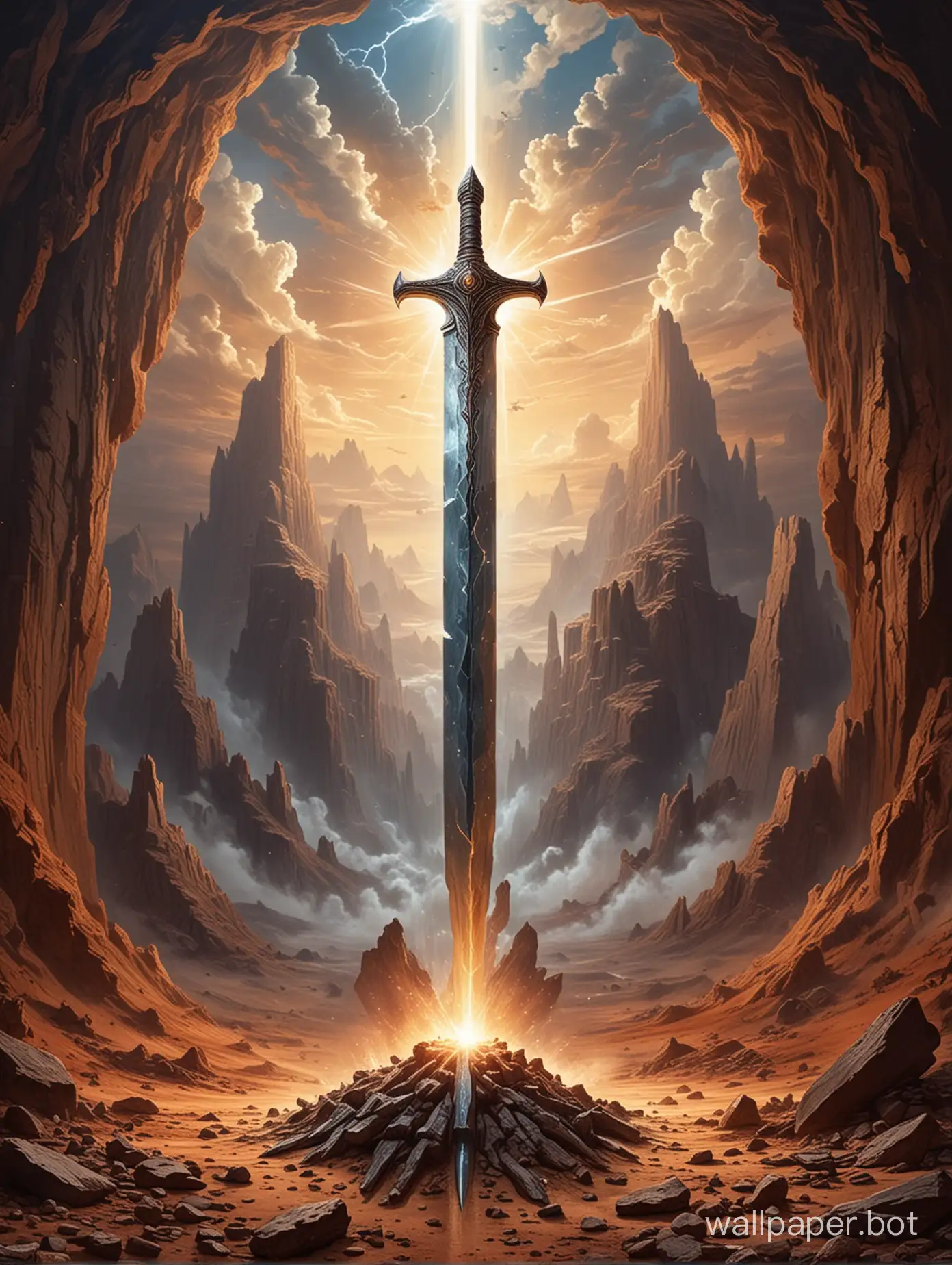 enormous god sword thrust into the crust of the earth which is a remnant from the past