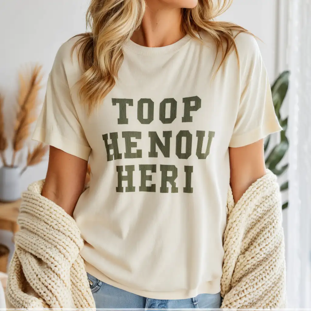 realistic happy blonde hair woman wearing oversized soft cream gildan 5000 t-shirt and knitted cardigan, boho room background, body facing front
