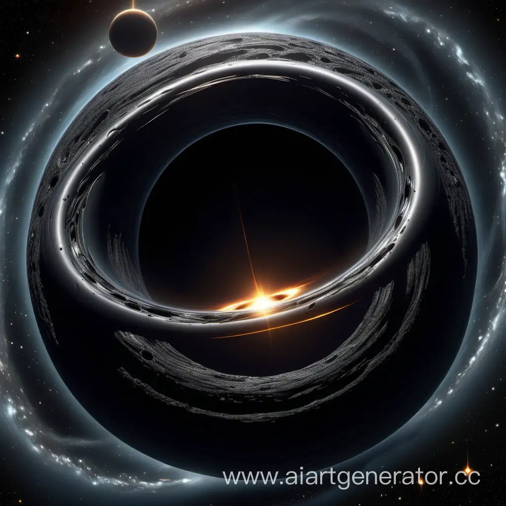 Create an illustration of a black hole surrounded by human-made metallic rings. Capture the mysterious and powerful presence of the black hole, emphasizing its gravitational pull, while showcasing the intricate details and reflections on the metallic rings. Let your artistic interpretation convey the cosmic beauty and awe-inspiring nature of this celestial scene