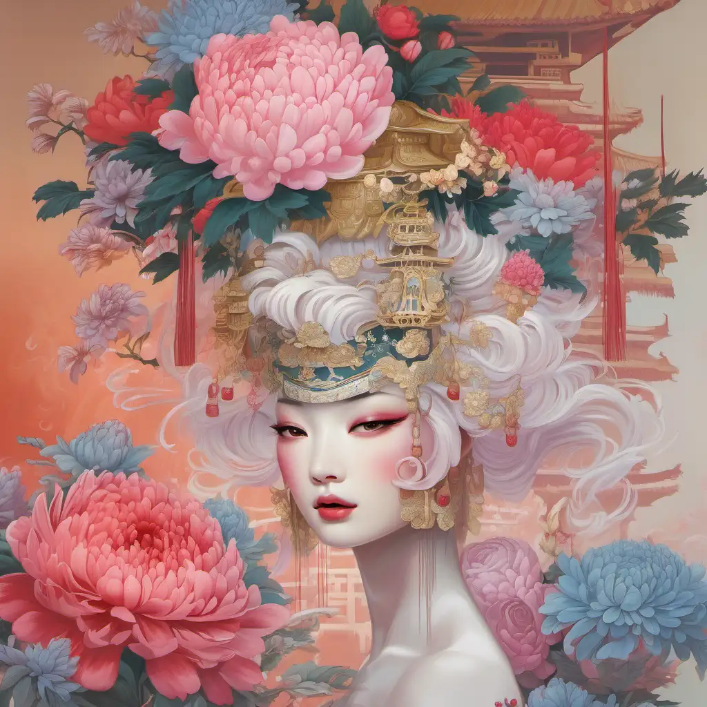 Lady face with chrysanthemums roses peonies pagoda headdress 