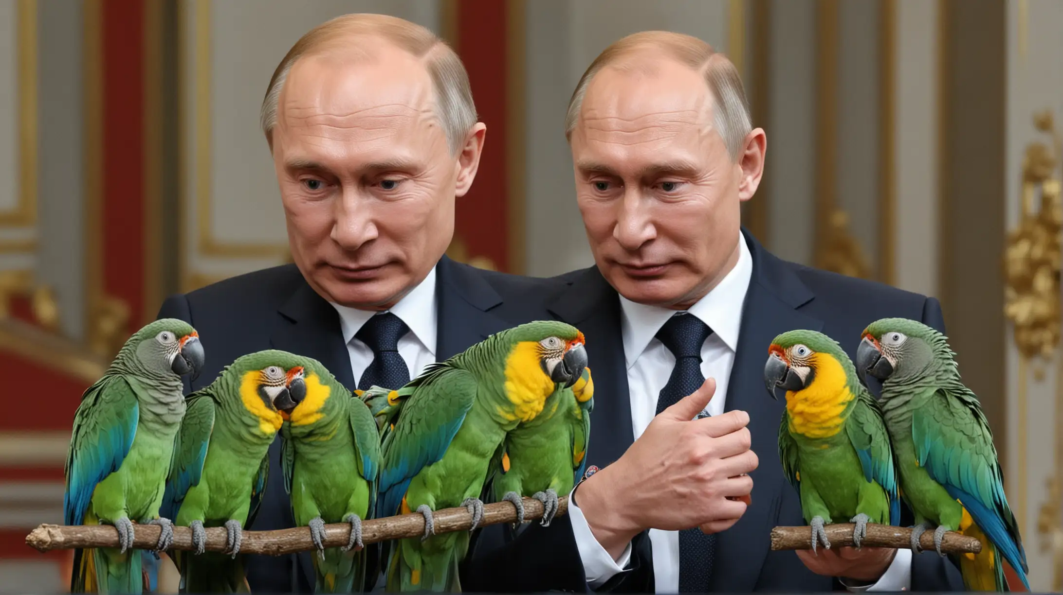 Putin  teaching some parrots to speak