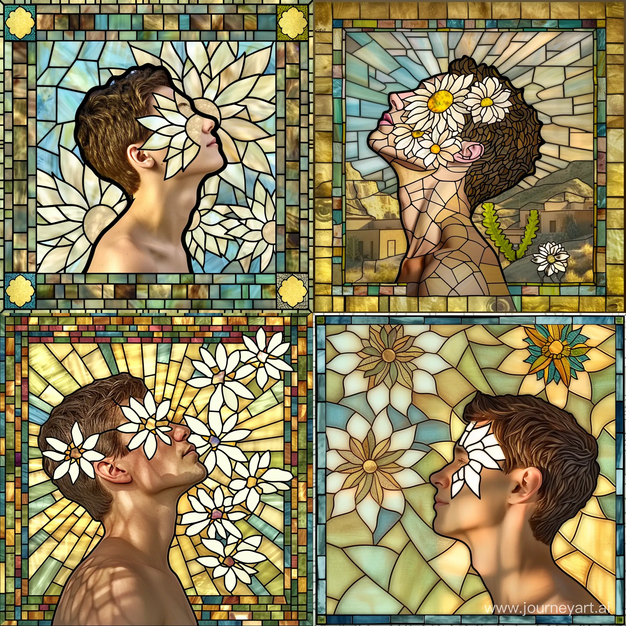 Man-with-White-Flower-Blindfold-in-Stained-Glass-Square-Art