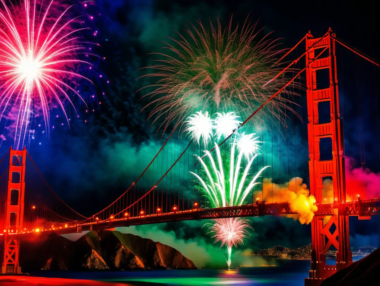 Spectacular New Years Eve Fireworks Illuminate Golden Gate Bridge with Climbing King Kong