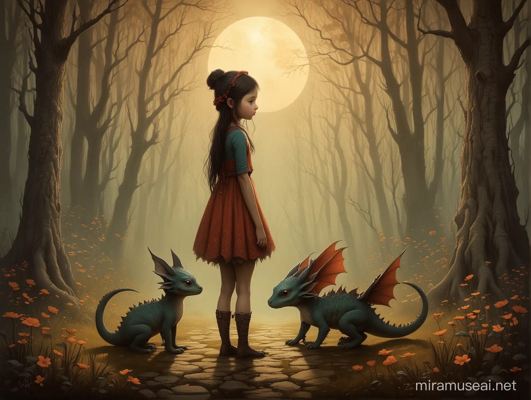 Young Girl with a Playful Dragon in Whimsical Andy Kehoe Style