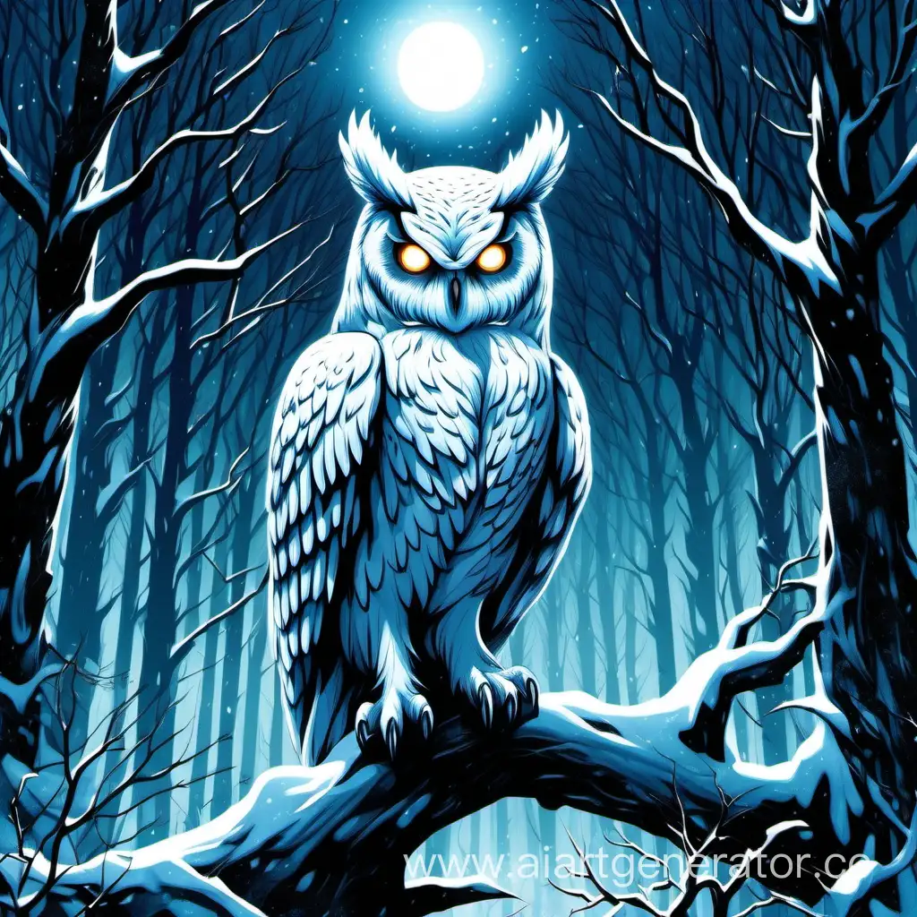 Огромная белая сова с огромными когтями  на дереве, на фоне ночь, зима и мрачный лес. Глаза совы светятся синим пламенем.
