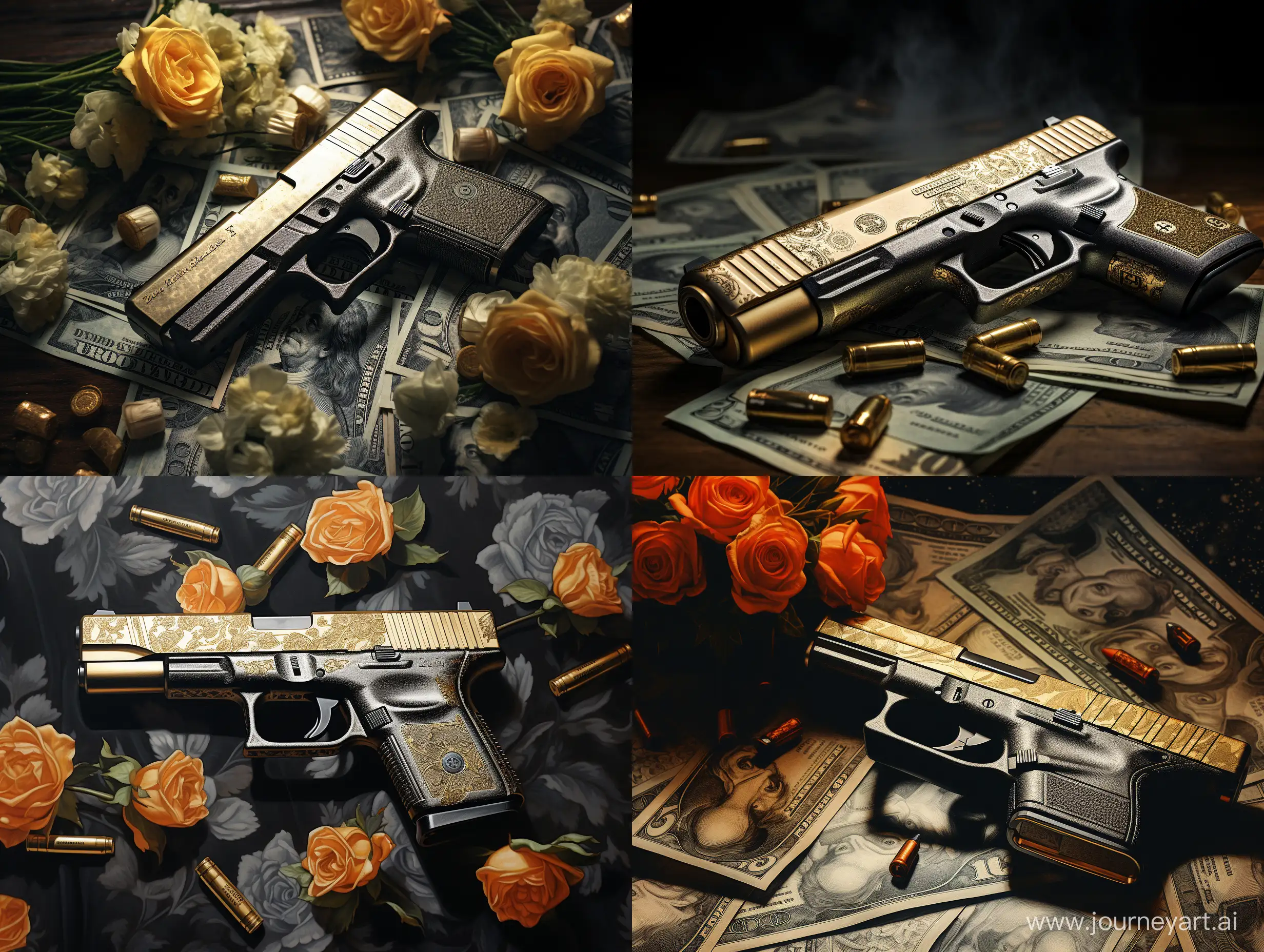 a golden glock 19 with floral etchings on a table with scattered money