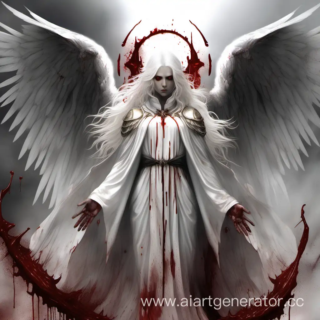 ангел с белыми волосами белой накидкой с нимбом и крыльями весь в крови 