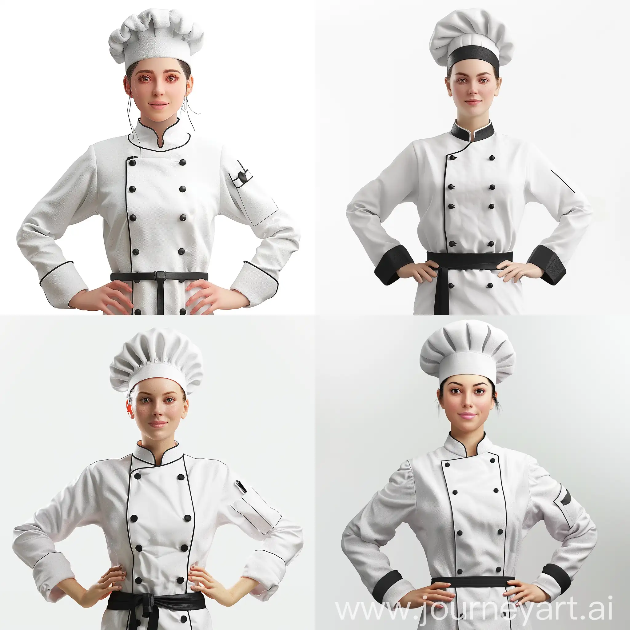 Create a realistic 3d portrait (Waist up) of a white female chef in chef attire on a white background