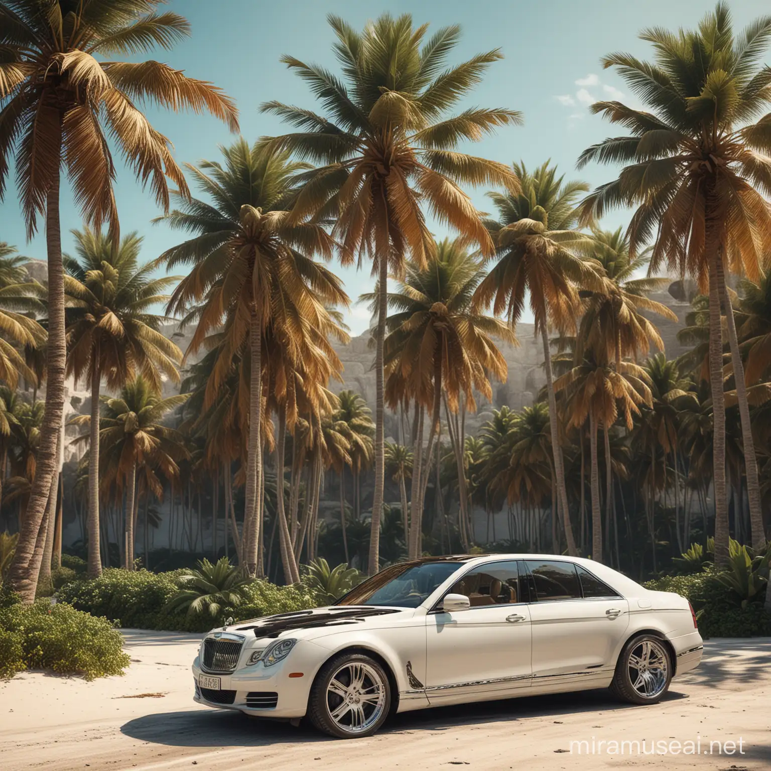 create summer textures with beaches and palm trees and a luxury car in between