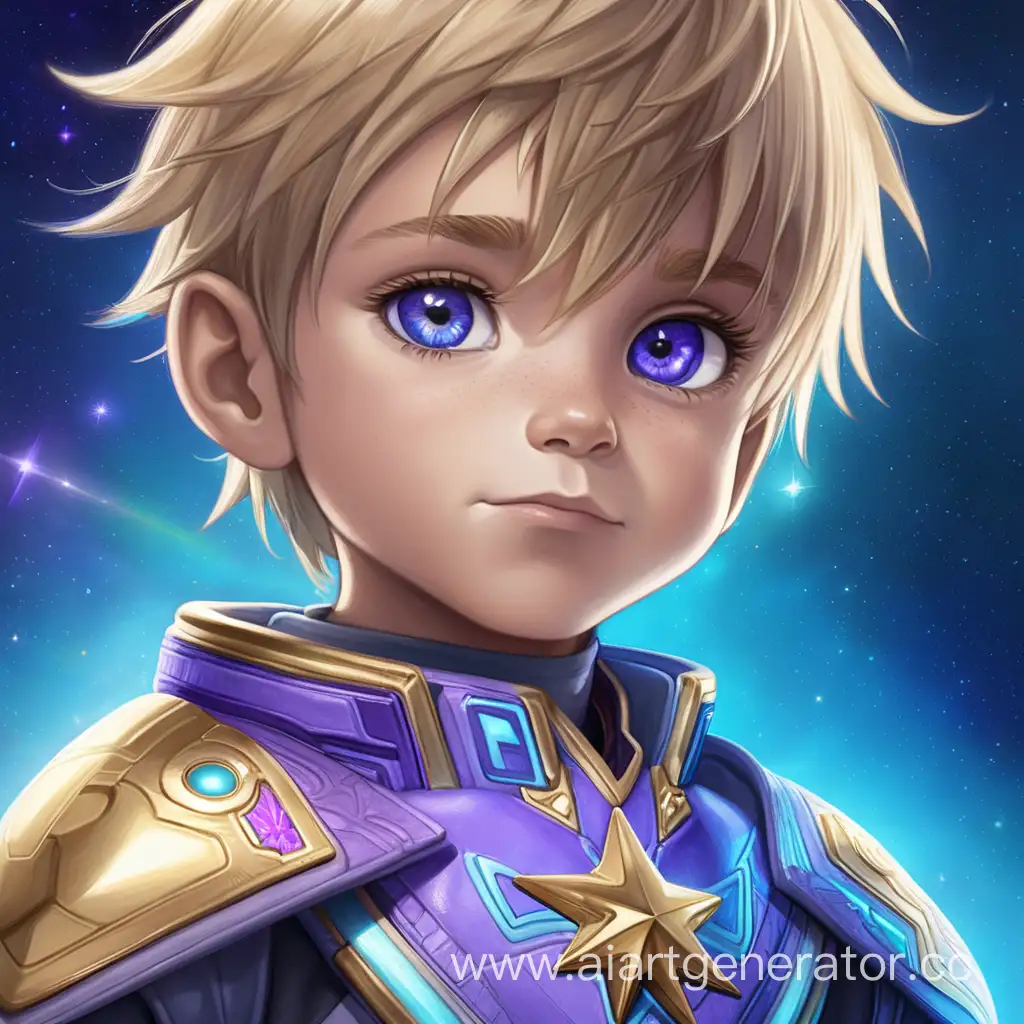 звездный мальчик 6 лет, со светлыми волосами и сине-фиолетовыми глазами 