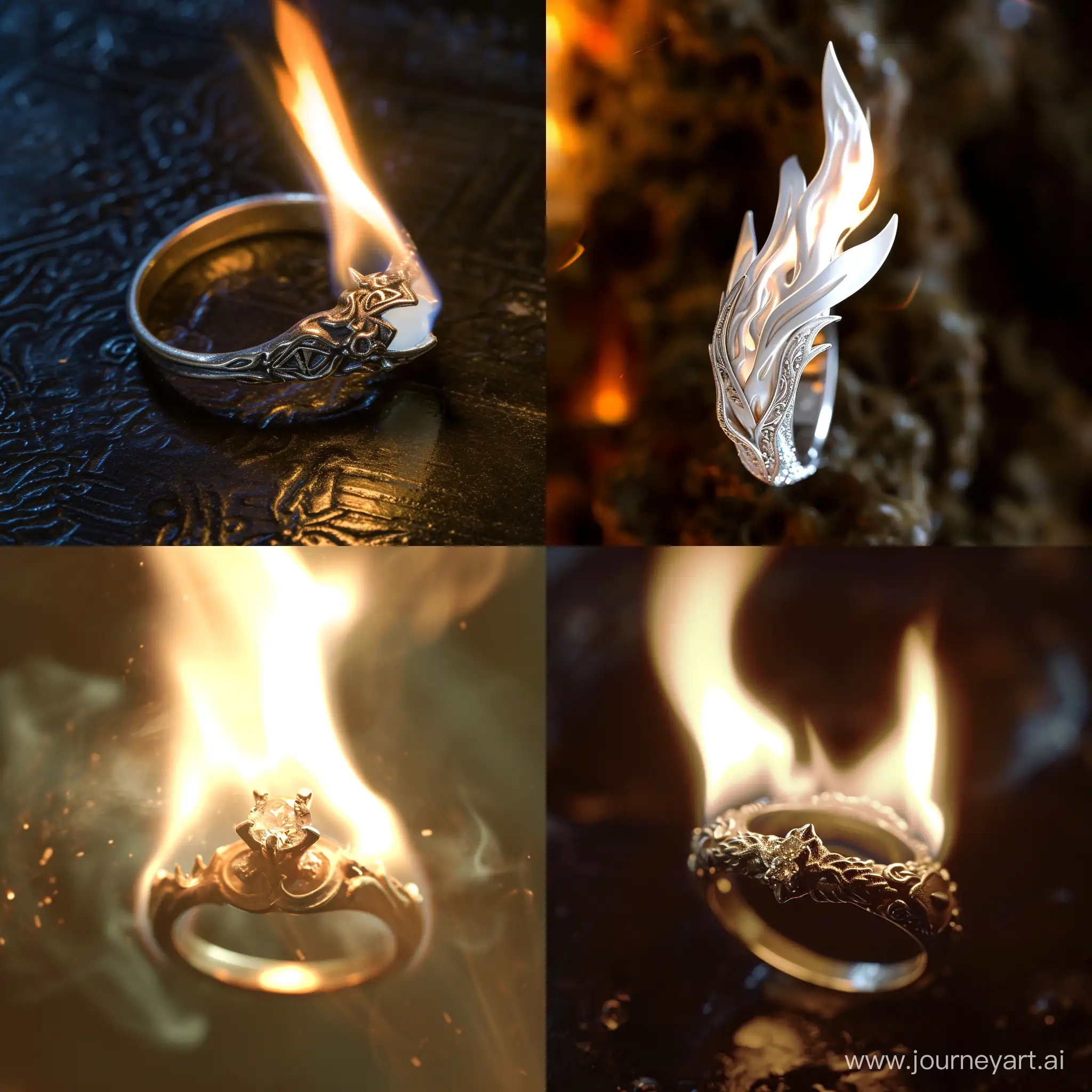 Яркое бело пламя вырывается из изящного эльфийского кольца. Крупным планом. Стиль комикса