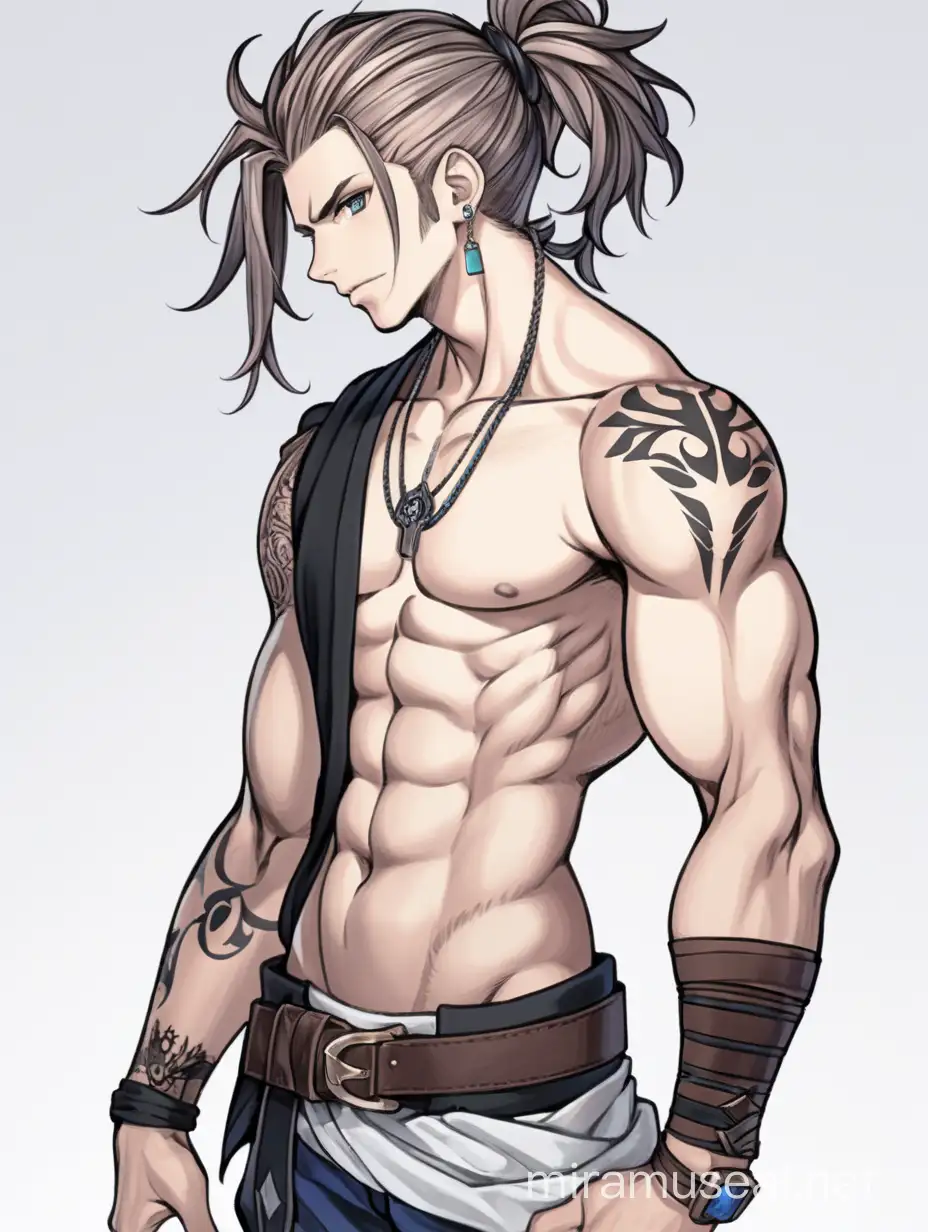 jrpg, young adult man, man bun hair, punk, scars, muscular, fantasy, another eden, full body, waist up fully in view, portrait, no background, facing slightly to the side, staring at the camera