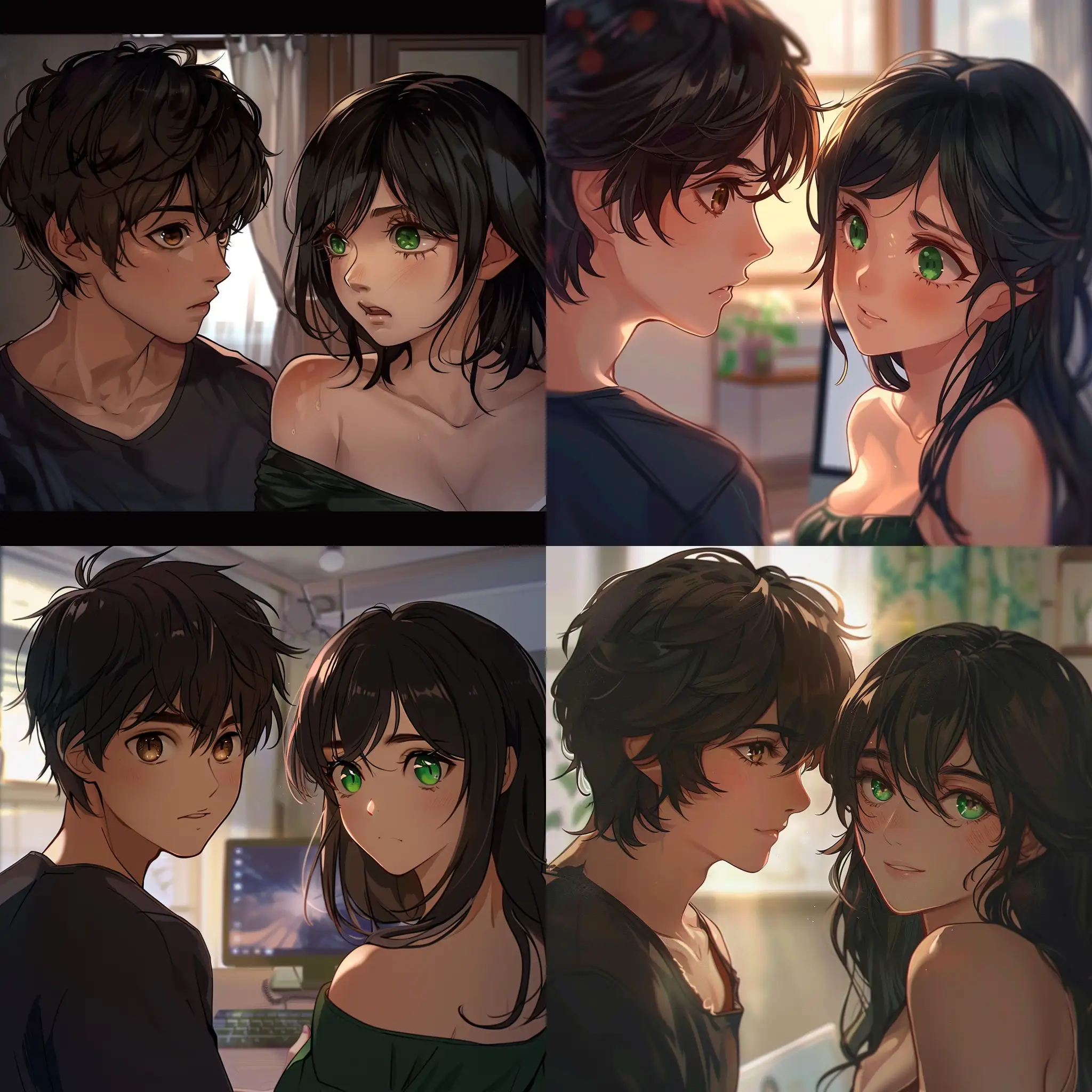 a dark-haired guy with brown eyes and a beautiful dark-haired girl with green eyes gently communicate via video via computers, flirt, there is a long distance between them, the background is fabulous, the style of anime realism, the girl slightly bares her shoulder, the guy looks at her with amazement