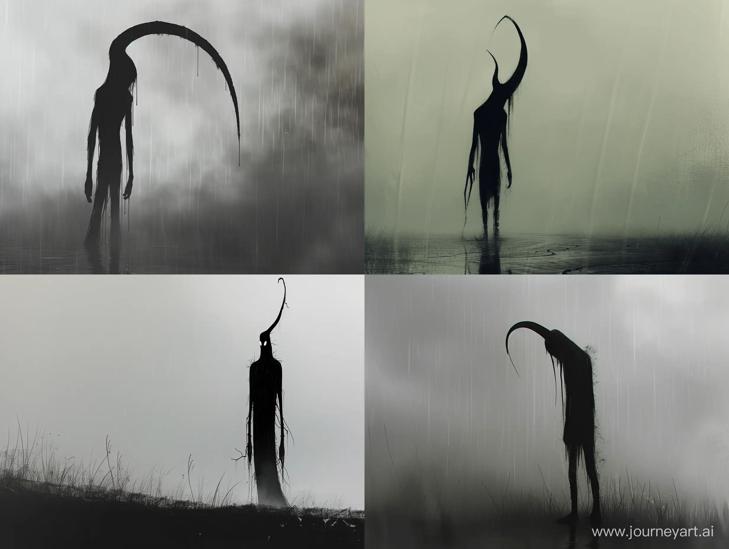 black silhouette in the rain, thin slender creature,  human horn void phantom, apocaliptic field, by Alex Andreev , conceptual art, fog day