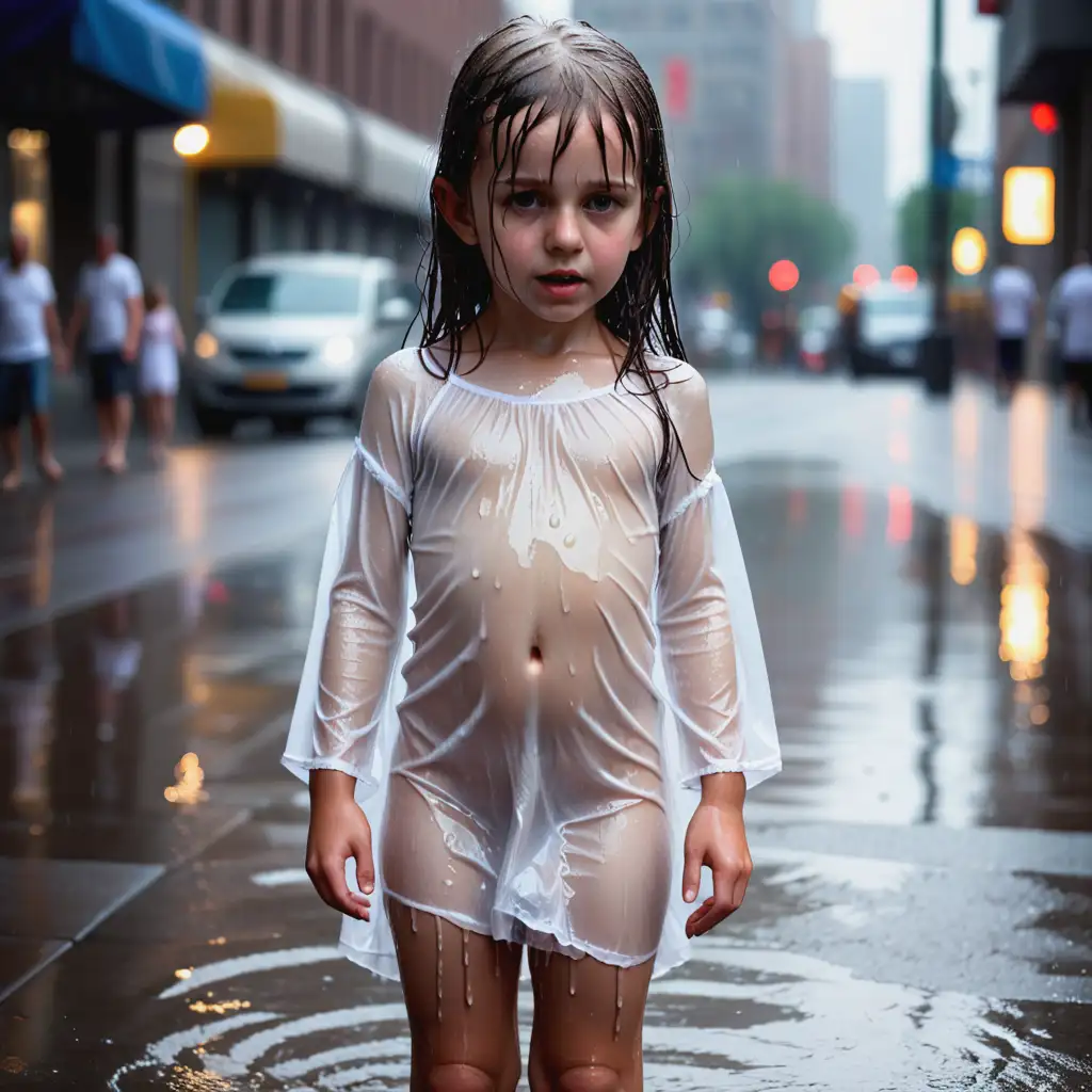 маленькая девочка в очень мокром белом платье без нижнего белья в городе
