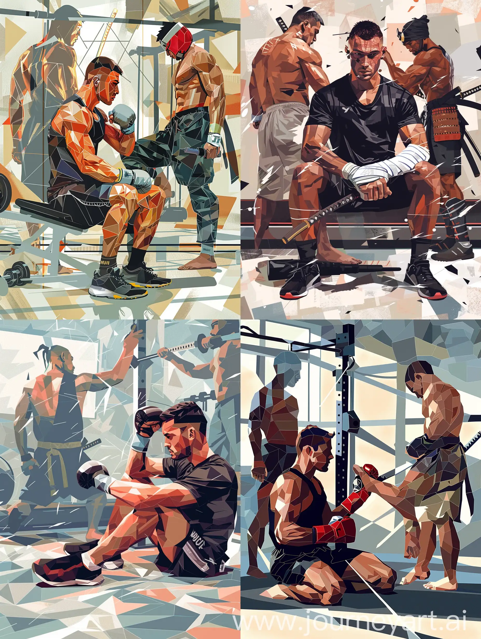 guy(brown, , in gym clothes (black drifit shirt and muay thai shorts)) hand wrapping sitting at the gym 
in vector and cubism style art.  samurai in normal clothes slicing him from the back, and muay thai figher kicking him from the back