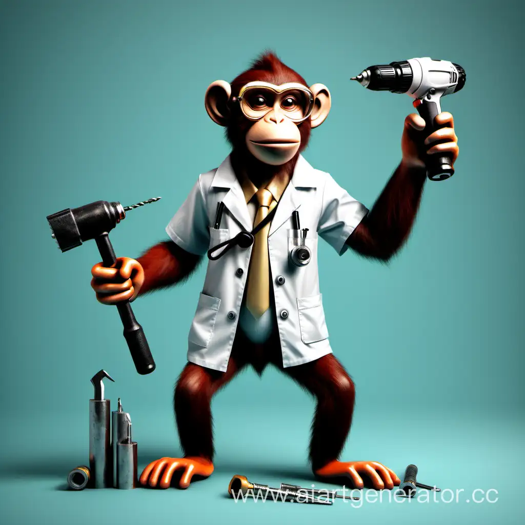 Monkey thraumatologist with hammer and drill