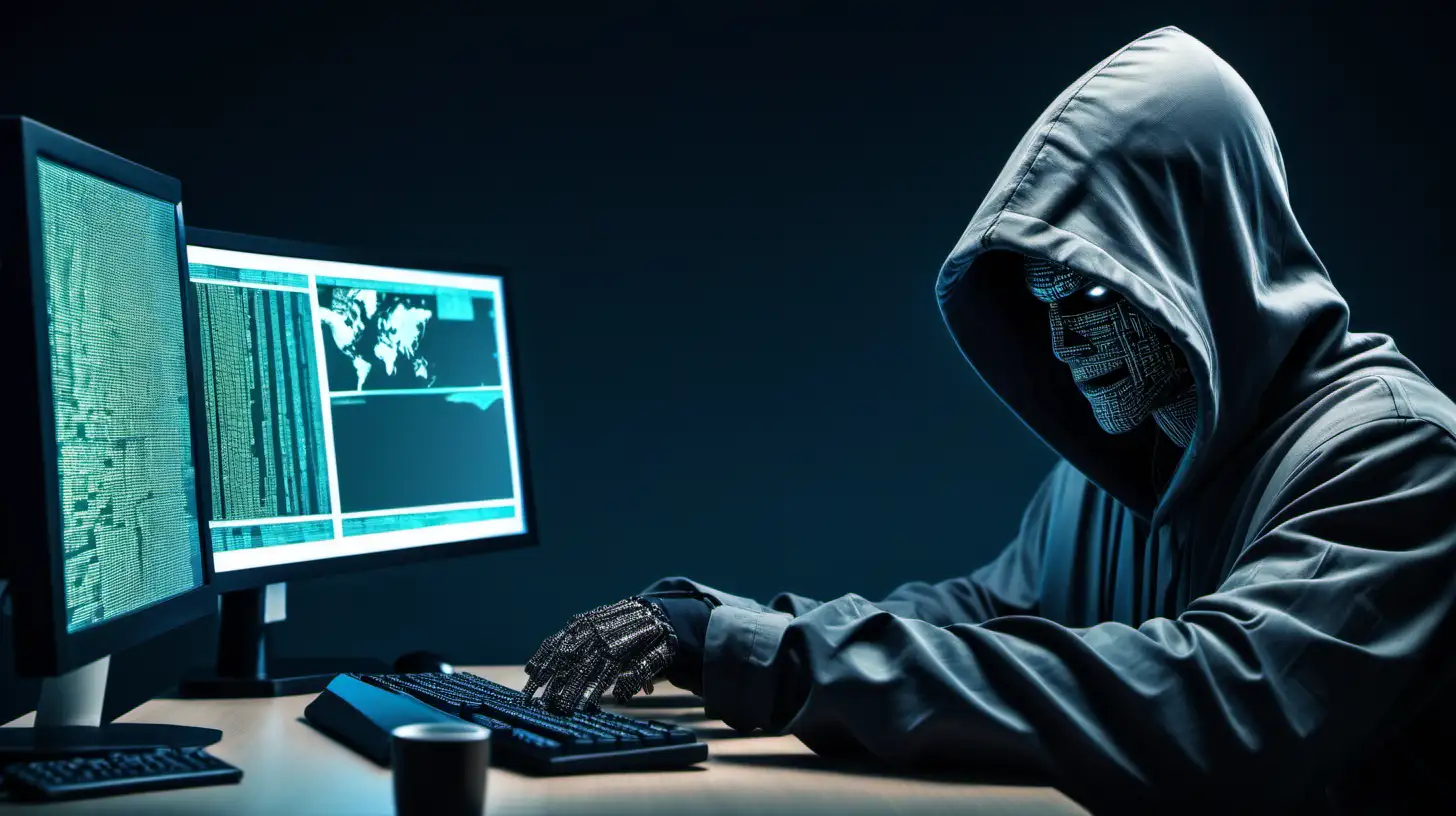 a cybercriminal with a hood typing in computer with a monitor in front of a monitor full of data
