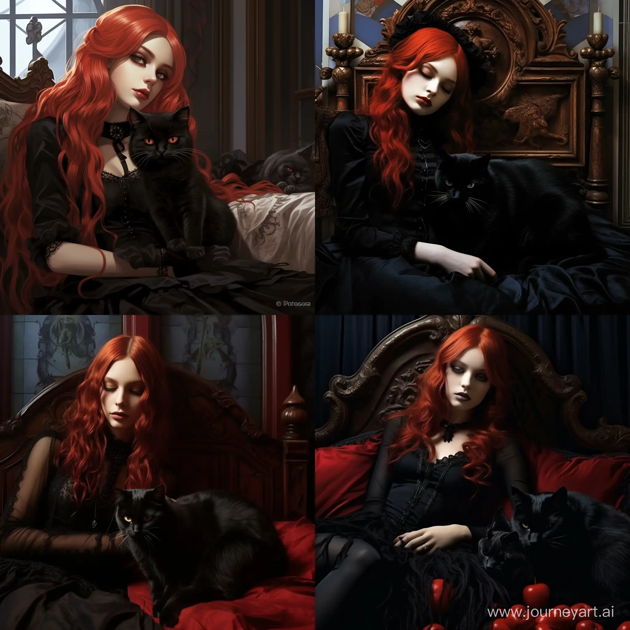 RedHaired-Gothic-Girl-Sleeping-Next-to-Cat-on-GothicStyle-Bed