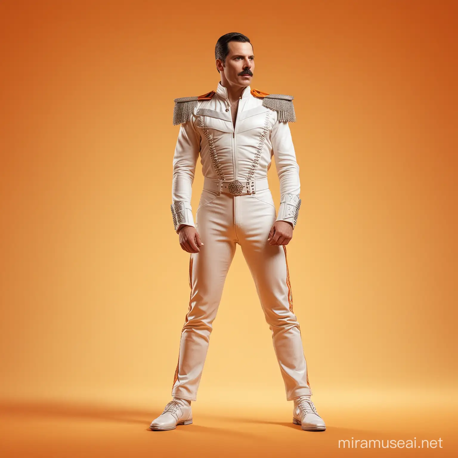 Freddie Mercury in full height  in a white costume on an orange-colored background in a realistic cinematic style
