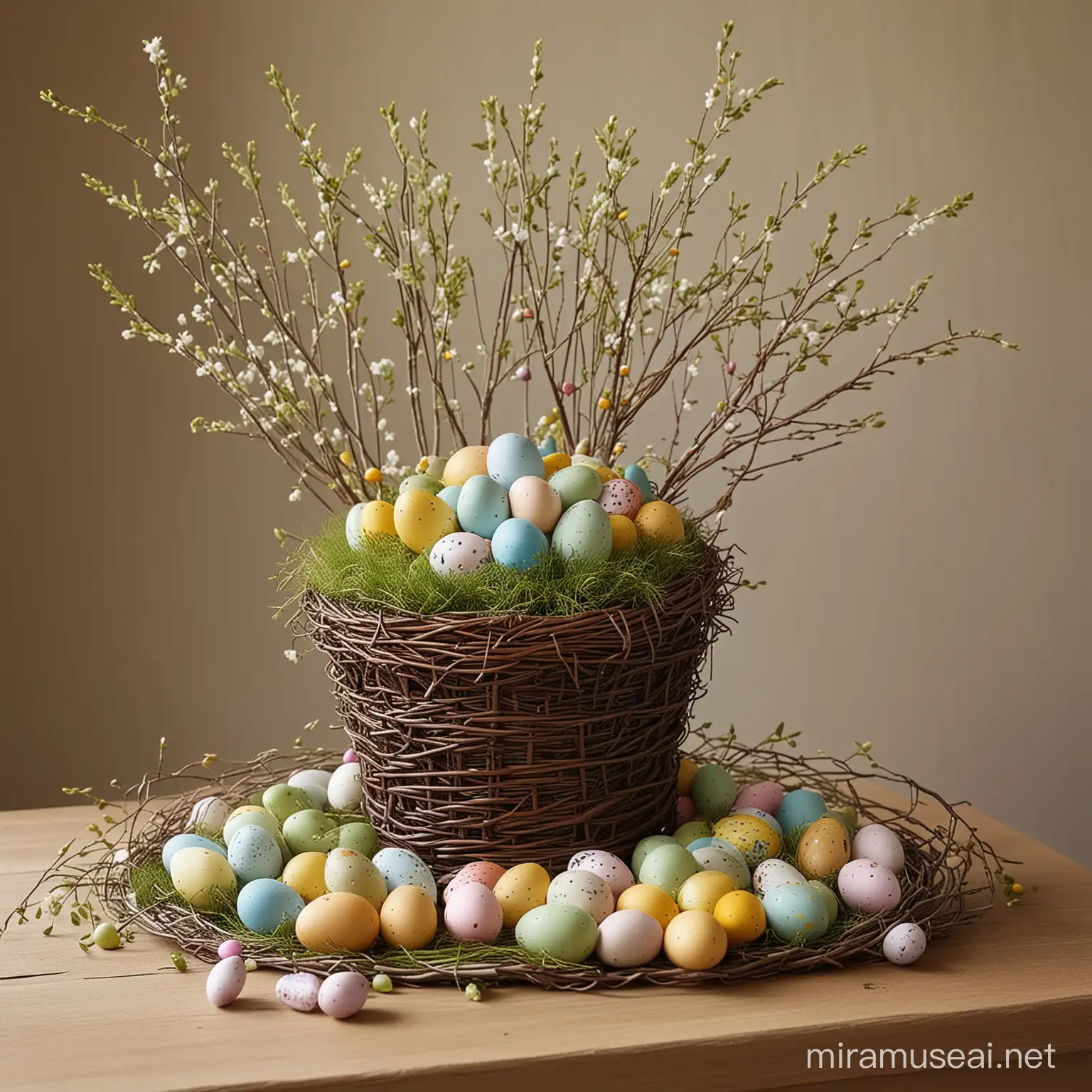 Easter Nest and Willow Tree with Colorful Easter Eggs Decoration