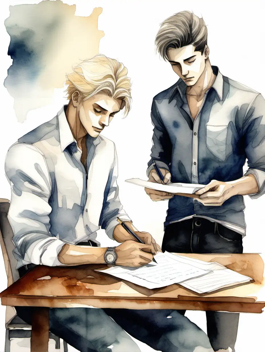 Two young men, one with blonde neatly styled hair wearing a white button up shirt and grey trousers, the other man with dark hair and wearing jeans and a black tshirt, sitting at a desk together writing a letter, in a watercolor style.